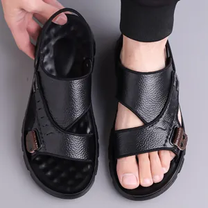 Men's leather dual-use sandals with breathable pebble grain upper and massage sole
