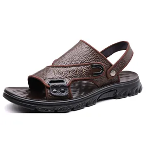 Men's dark brown leather beach sandals with adjustable backstrap and non-slip sole