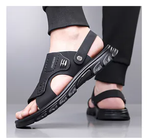 Detail of adjustable heel strap on black breathable non-slip men's summer beach sandals