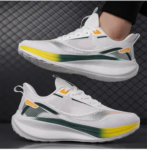 Detailed close-up of breathable mesh running shoes with striking yellow and green stripes