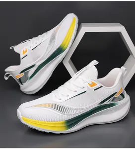 Detail of white mesh running shoes featuring yellow and green gradient stripes on side
