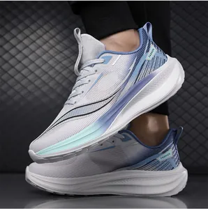 Close-up of lightweight breathable mesh running shoes with blue gradient side stripes