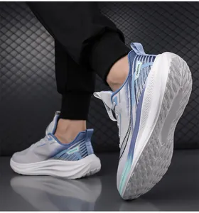 Detailed side view of breathable mesh running shoe with blue gradient and traction sole