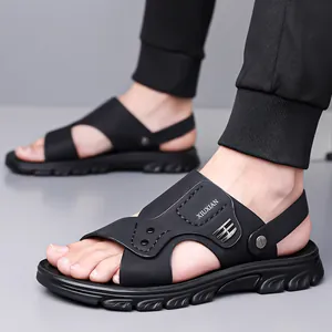 Men's casual black sandals with non-slip thick sole and stylish rivet accents