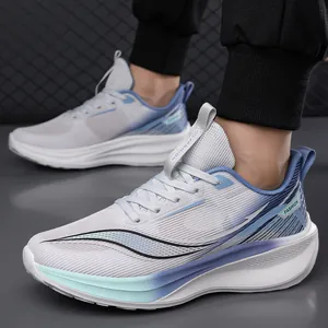 Men's breathable white mesh running shoes with blue gradient and cushioned fashion sole