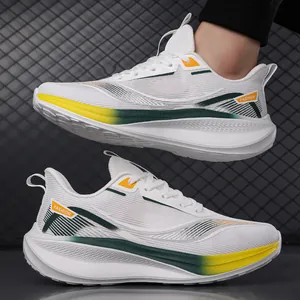 Men's breathable white mesh running shoes with yellow-green gradient stripes