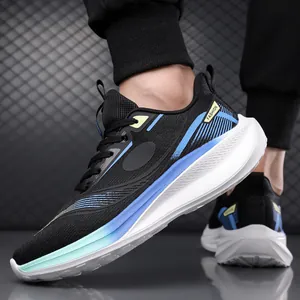 Men's breathable mesh running shoes in black with blue gradient stripes and thick sole