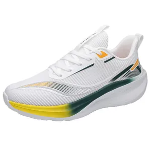 Men's breathable mesh running shoes in white with vibrant yellow and green gradient soles
