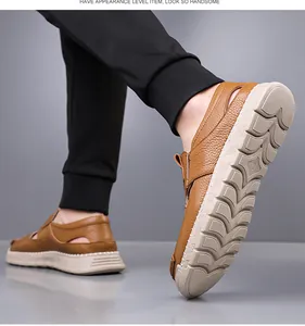 Close-up of brown breathable hollow leather sandals with anti-slip thick rubber soles