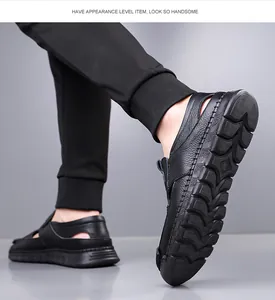 Detail of men's black leather sandals featuring breathable hollow cutouts and non-slip sole