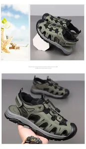 Detail of army green breathable mesh outdoor sandals with quick laces and toe protection