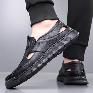 Men's black leather casual sandals with breathable cut-outs and hand-stitched rubber soles