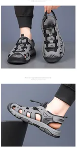 Detail of grey men's outdoor sandals featuring breathable mesh and reinforced toe protection