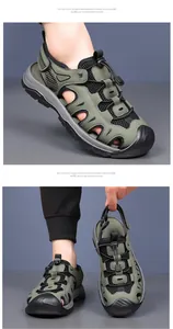 Detail of army green breathable mesh outdoor sandal with reinforced rubber toe protection