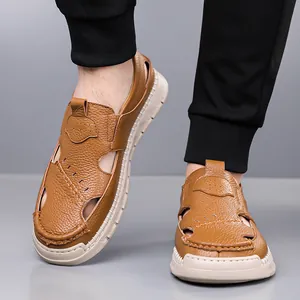 Men's brown leather breathable hollow-out sandals with anti-slip thick soles