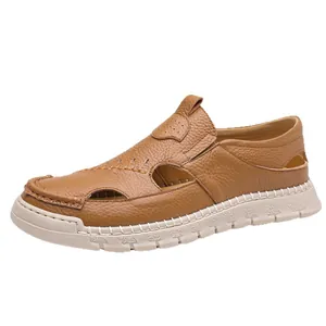 Men's brown leather summer sandals with breathable hollow cutouts and a soft thick sole
