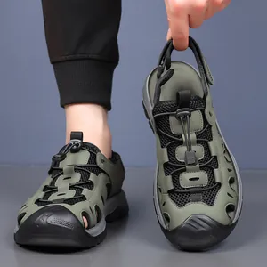 Outdoor men's closed-toe hiking sandals with breathable mesh and olive green finish