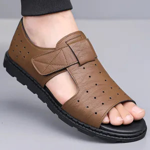 Men's Casual Microfiber Leather Sandals Summer Breathable Hook And Loop Beach Shoes Anti Slip Soft Sole Roman Sandals