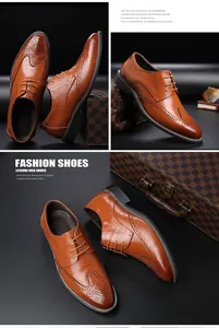 Detail view of brown brogue shoes showing wingtip carvings and polished embossed leather