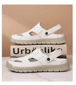 Détails de sandales en cuir blanc avec texture ajourée respirante et semelle épaisse durable