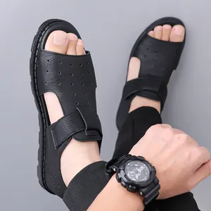 Men's black velcro sandals with breathable perforated upper and thick non-slip rubber sole