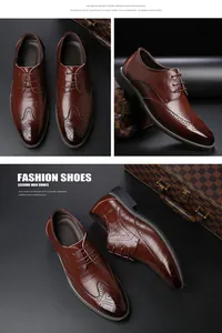 Macro detail of brown brogue shoes with classic wingtip perforation and polished finish