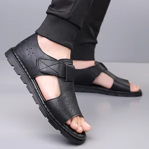Men's black leather sandals with breathable holes and velcro straps for casual beach wear