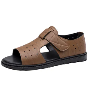 Brown men's beach sandals with velcro strap and breathable hole design on white background