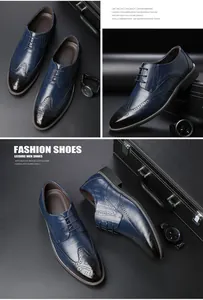Detail view of navy blue Brogue dress shoes with smoky gradient toe and leather texture