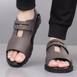 Dunkelgraue Leder-Römersandalen für Herren mit rutschfester Sohle und Klettverschluss