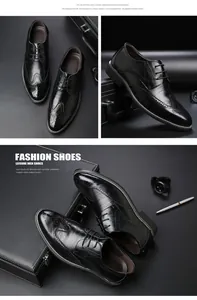 Macro detail of black leather brogue shoes with classic wingtip carvings and textures