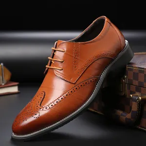 Men's Brogue Dress Shoes Microfiber Leather Pointed Toe Lace Up British Style Business Formal Wedding Shoes For Men