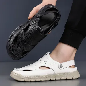 Sandales en cuir respirantes pour hommes avec bride réglable et semelle antidérapante