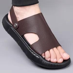 Men's Casual Genuine Leather Beach Sandals Breathable Dual-use Open Toe Slippers With Air Cushion Sole Anti-slip Outdoor Shoes