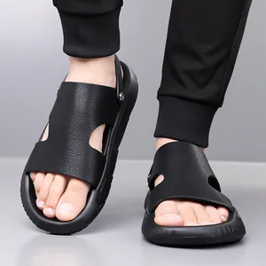 Men's black genuine leather beach sandals with open toe design and dual-use heel strap