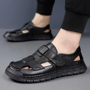 Men's black leather closed-toe sandals with breathable cut-outs and non-slip rubber soles