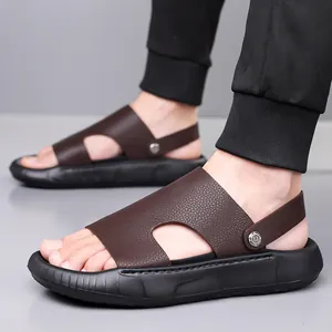 Men's brown genuine leather beach sandals with breathable cut-outs and non-slip rubber soles