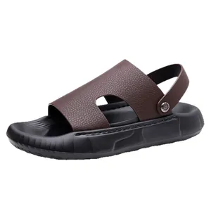 Brown leather men's beach sandals with thick EVA soles and adjustable back straps