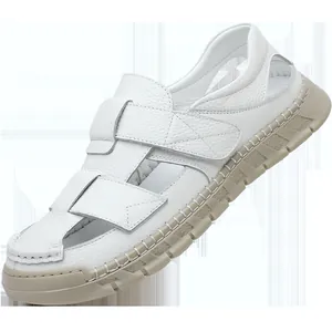White genuine leather men's closed-toe sandals with breathable cutouts and rubber soles