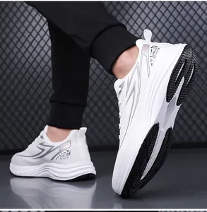 Close-up of white breathable mesh sneaker with thick EVA sole and SPORTS logo on heel
