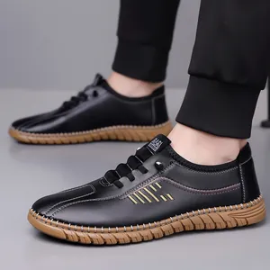 Men's breathable black leather loafers with non-slip rubber soles for business casual wear