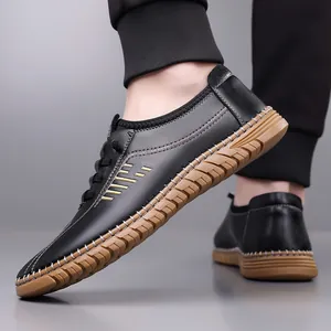 Men's business casual leather loafers with breathable cutout and non-slip rubber sole