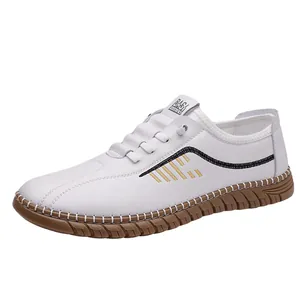 Men's white slip-on business casual shoes with hollow breathable leather and rubber soles