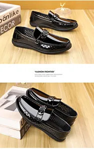 Detailansicht der glänzenden Herren-Loafer mit Metallschnalle und atmungsaktivem Lochmuster