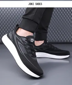 Close-up of lightweight black mesh running shoes with cushioning thick white soles