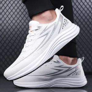 White breathable fly-knit running shoes for men with shock-absorbing thick white sole