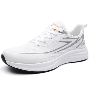Men's lightweight white fly-knit running shoes with breathable mesh and cushioned sole