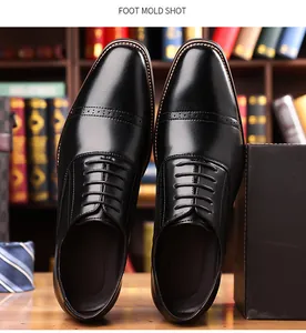 Detailed shot of black leather cap-toe business shoes with elegant brogue patterns