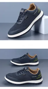Detail view of men's navy blue breathable mesh sneakers with chunky white non-slip sole