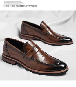Detail view of dark brown gradient leather loafers with polished finish and classic stitching
